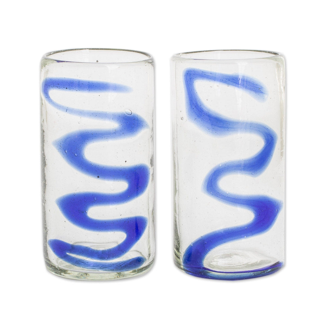 Set of 2 - 11 oz Tumbler Glasses Hand Blown Glass Art - Blue Ripple