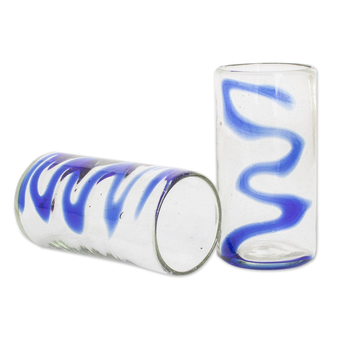 Set of 2 - 11 oz Tumbler Glasses Hand Blown Glass Art - Blue Ripple