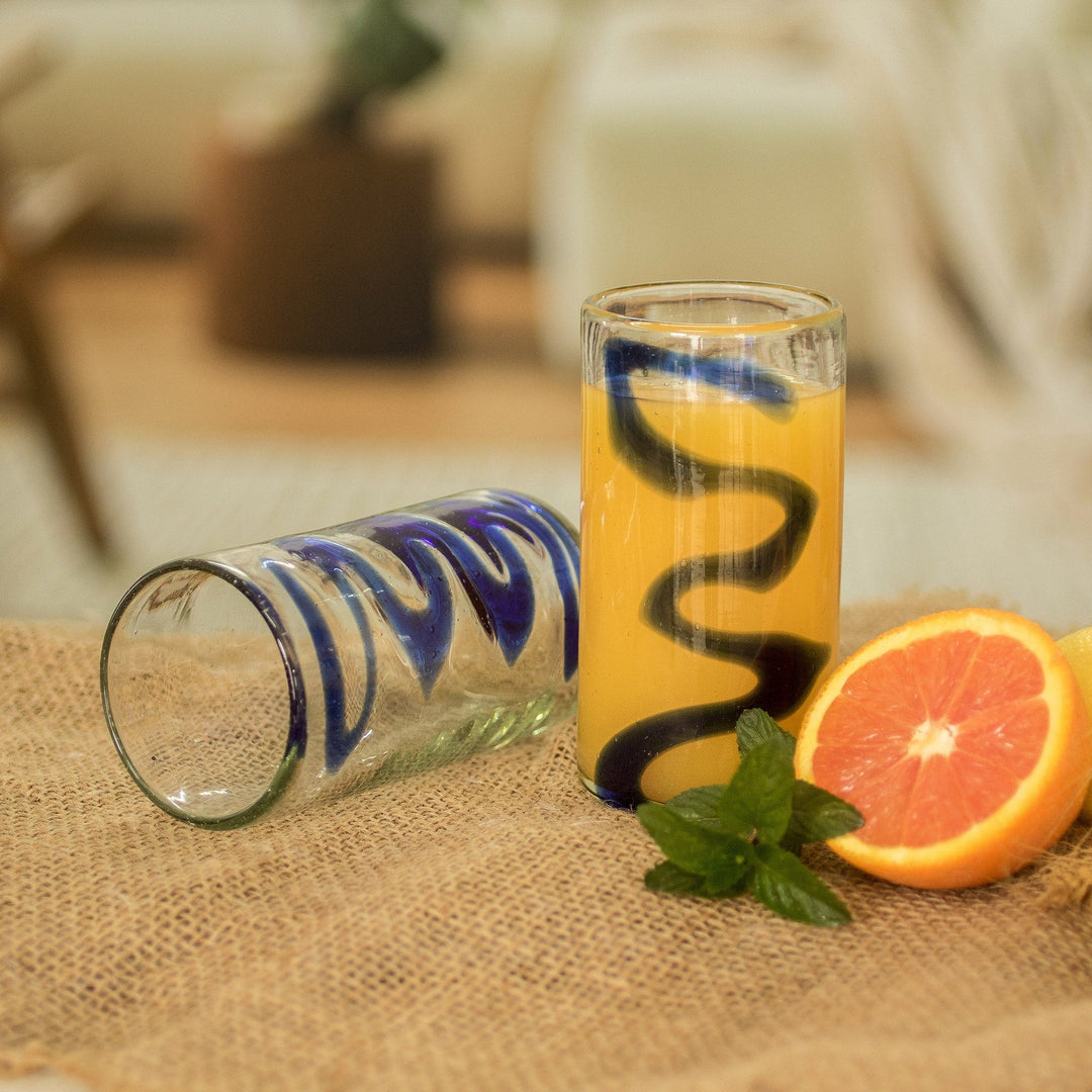 Set of 2 - 11 oz Tumbler Glasses Hand Blown Glass Art - Blue Ripple