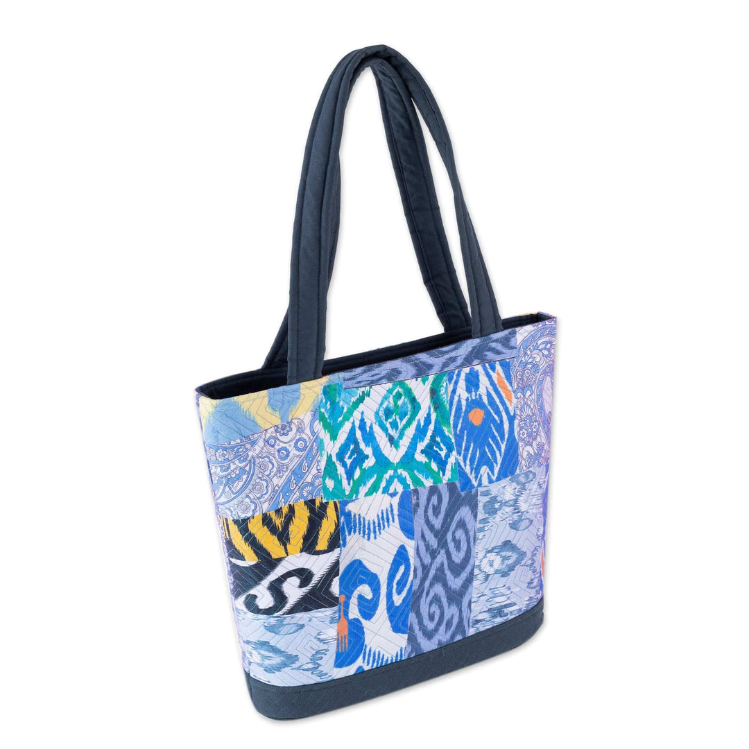 Blue-Toned Patchwork Ikat Tote Bag Crafted in Uzbekistan - Blue Traditions
