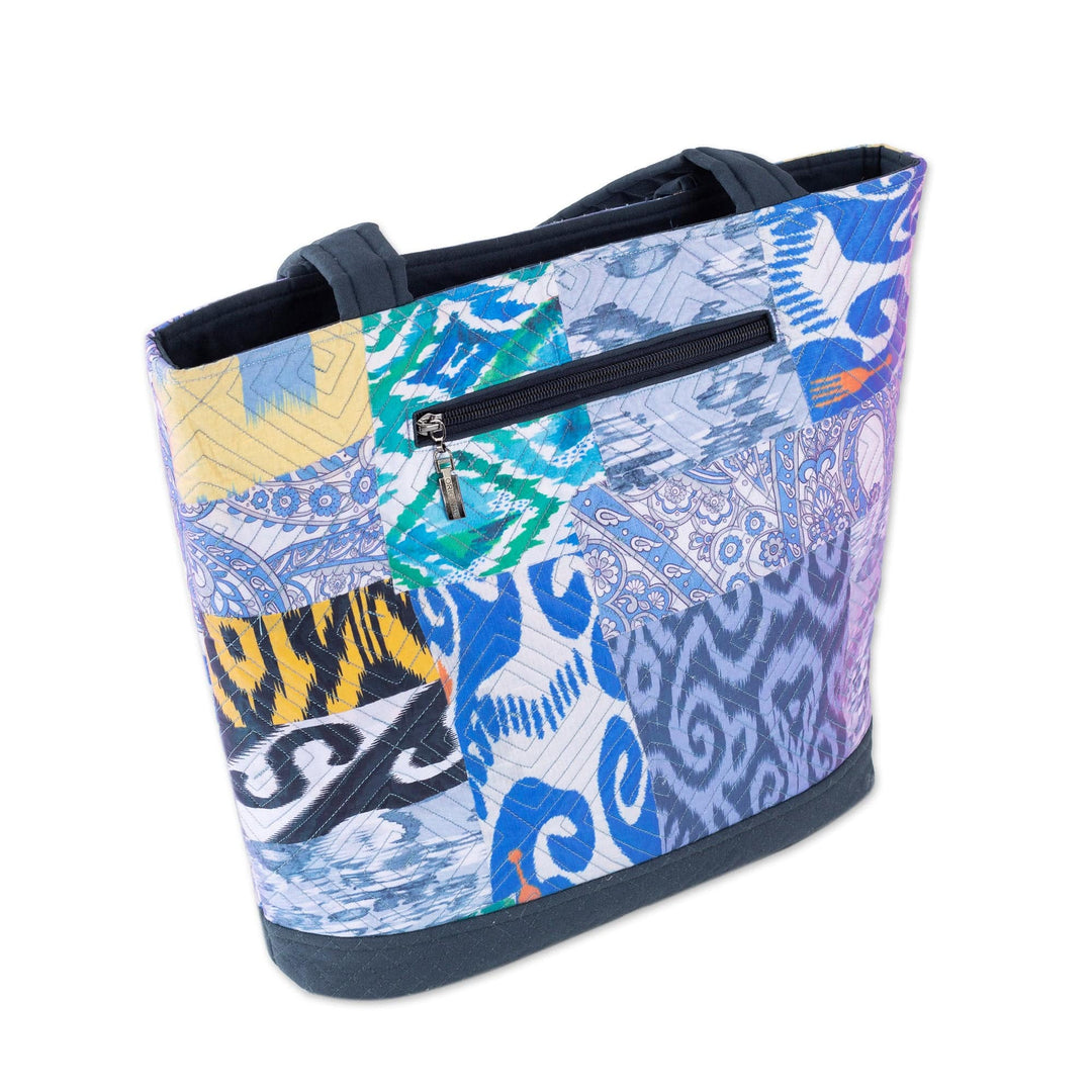 Blue-Toned Patchwork Ikat Tote Bag Crafted in Uzbekistan - Blue Traditions