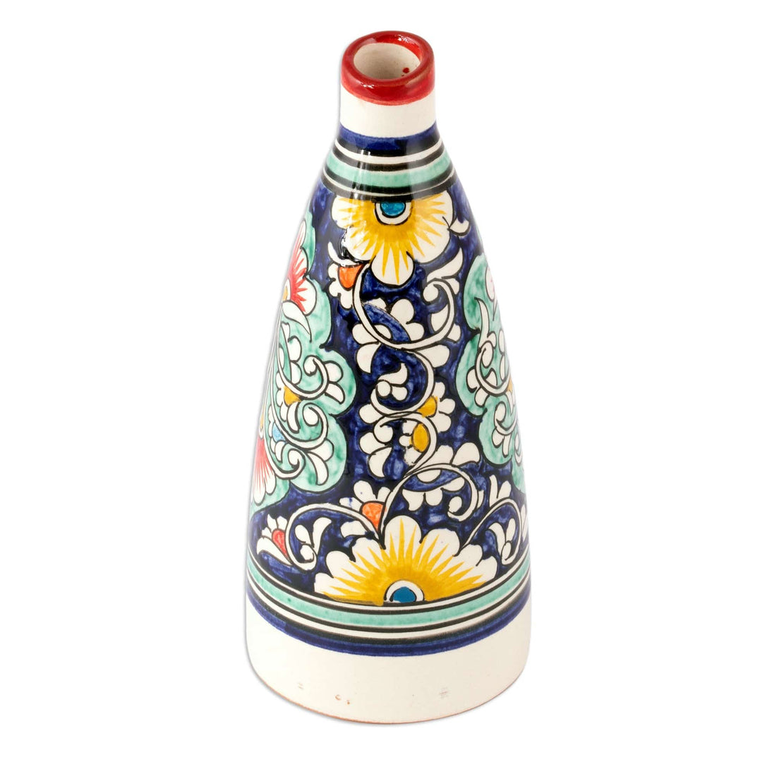 Hand-Painted Glazed Ceramic Vase with Floral and Leaf Motif - Uzbek Spring