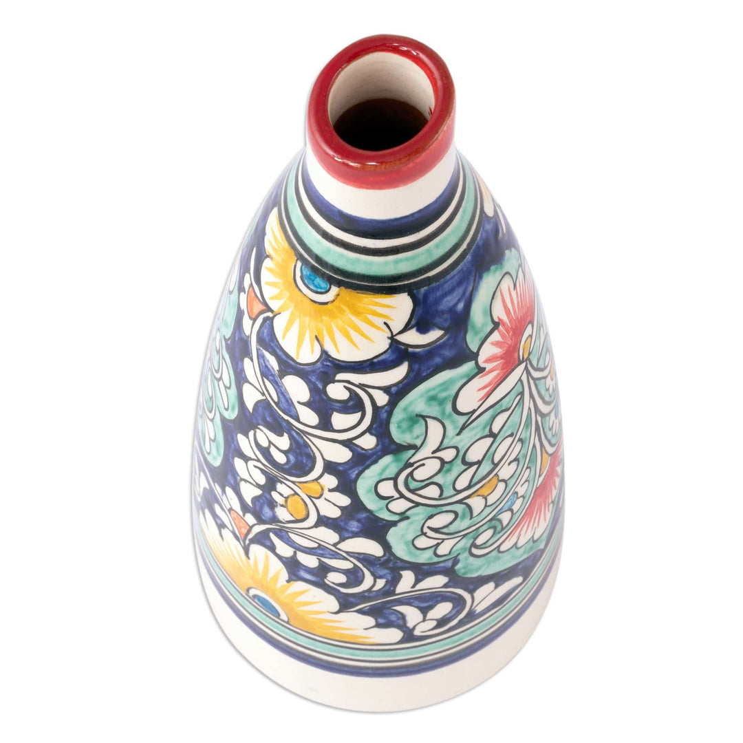 Hand-Painted Glazed Ceramic Vase with Floral and Leaf Motif - Uzbek Spring