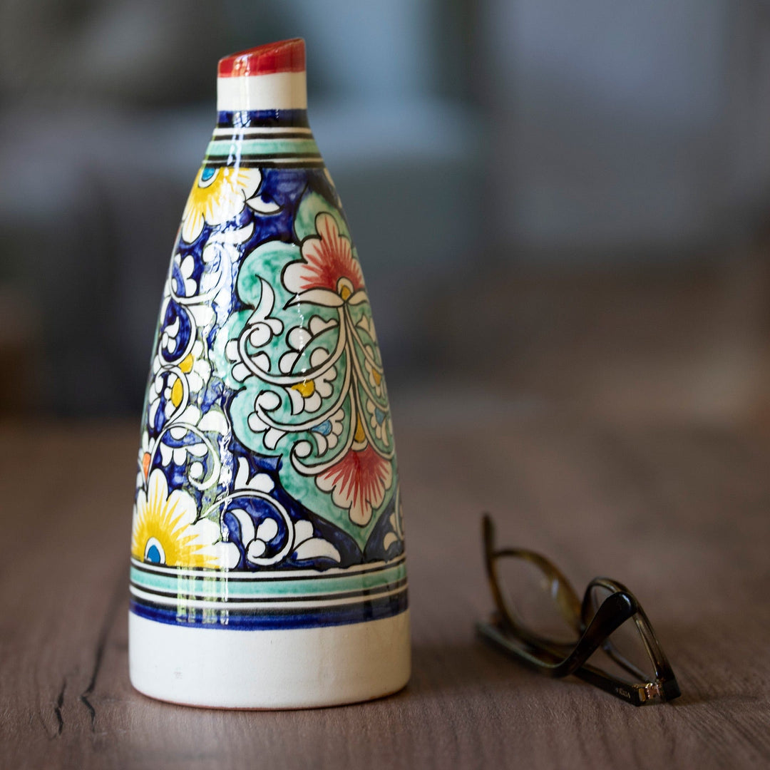 Hand-Painted Glazed Ceramic Vase with Floral and Leaf Motif - Uzbek Spring