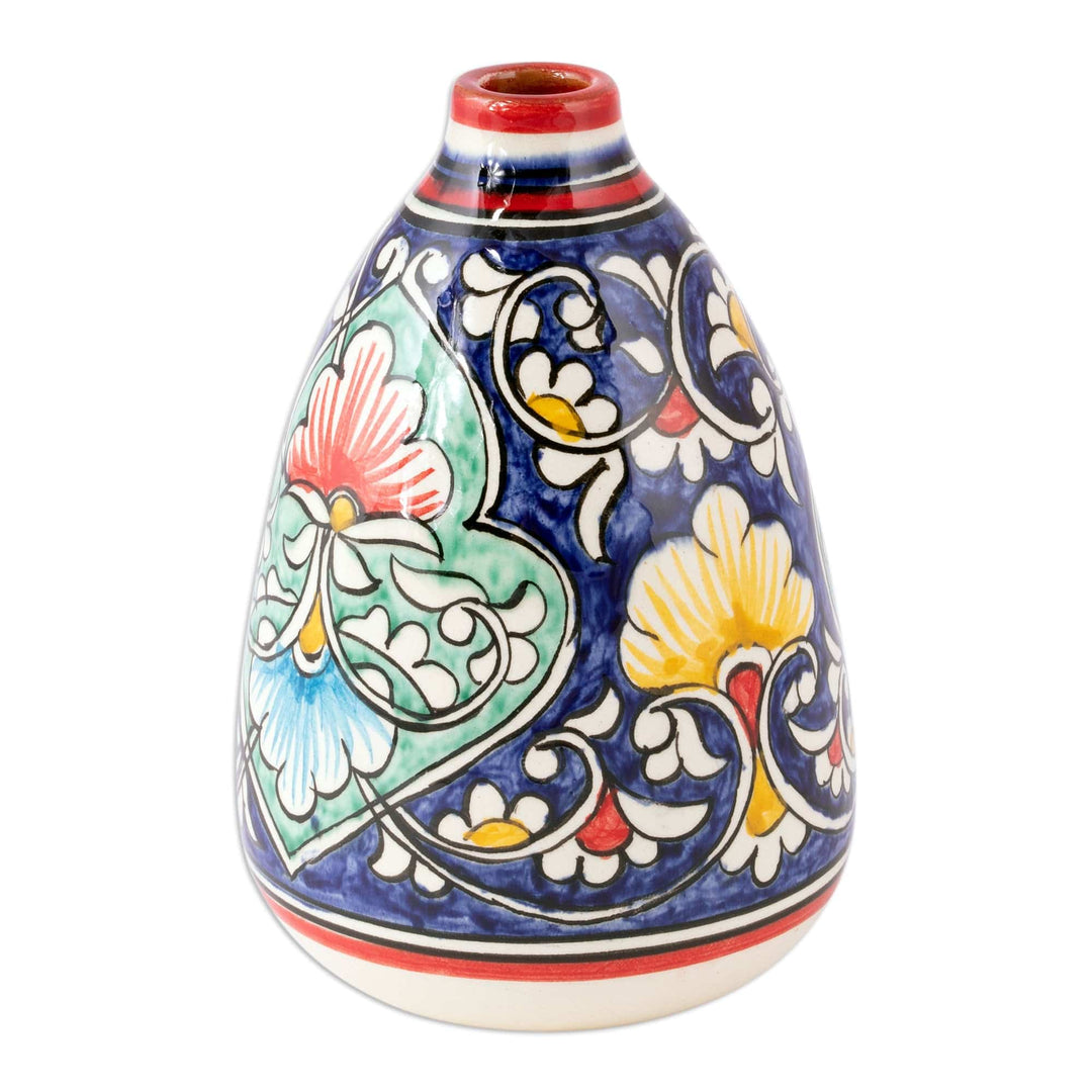 Glazed Ceramic Vase with Hand-Painted Floral & Leaf Motifs - Fergana Flowers