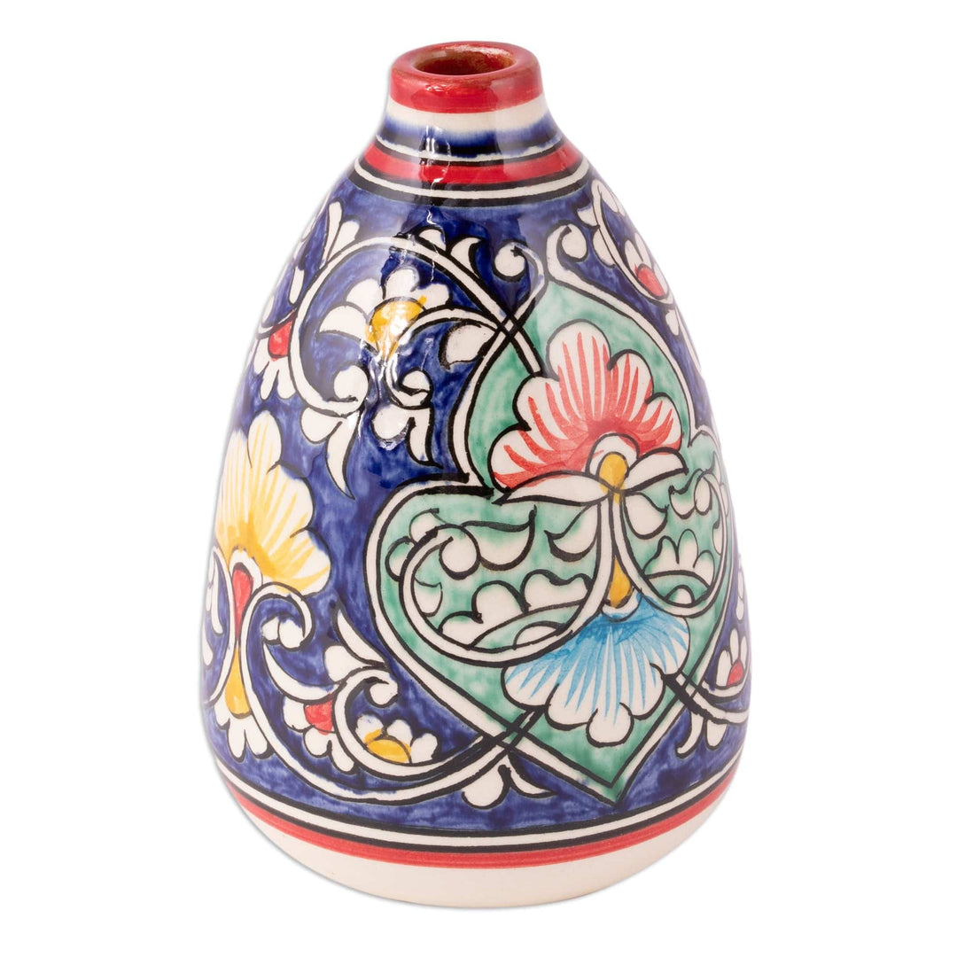 Glazed Ceramic Vase with Hand-Painted Floral & Leaf Motifs - Fergana Flowers