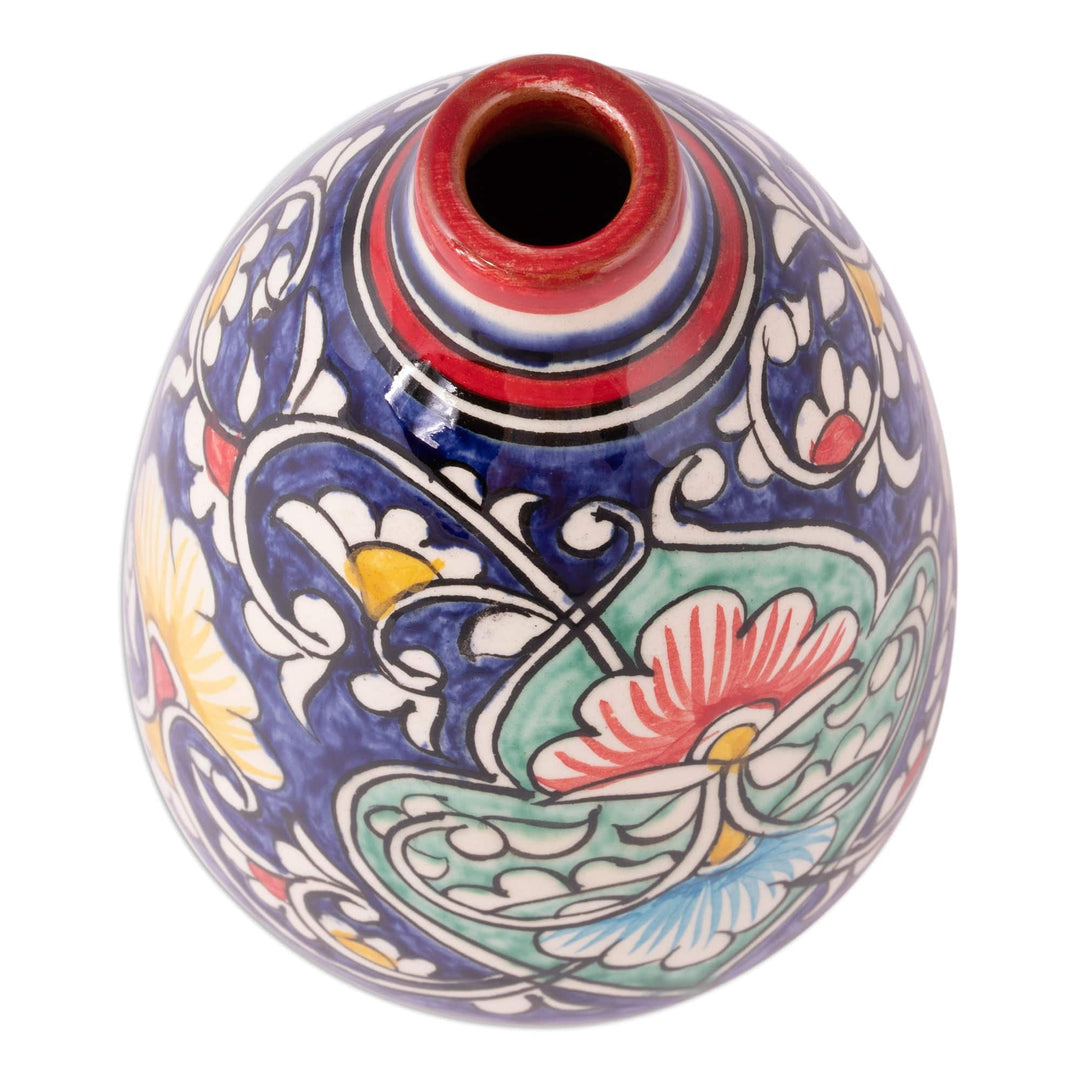 Glazed Ceramic Vase with Hand-Painted Floral & Leaf Motifs - Fergana Flowers