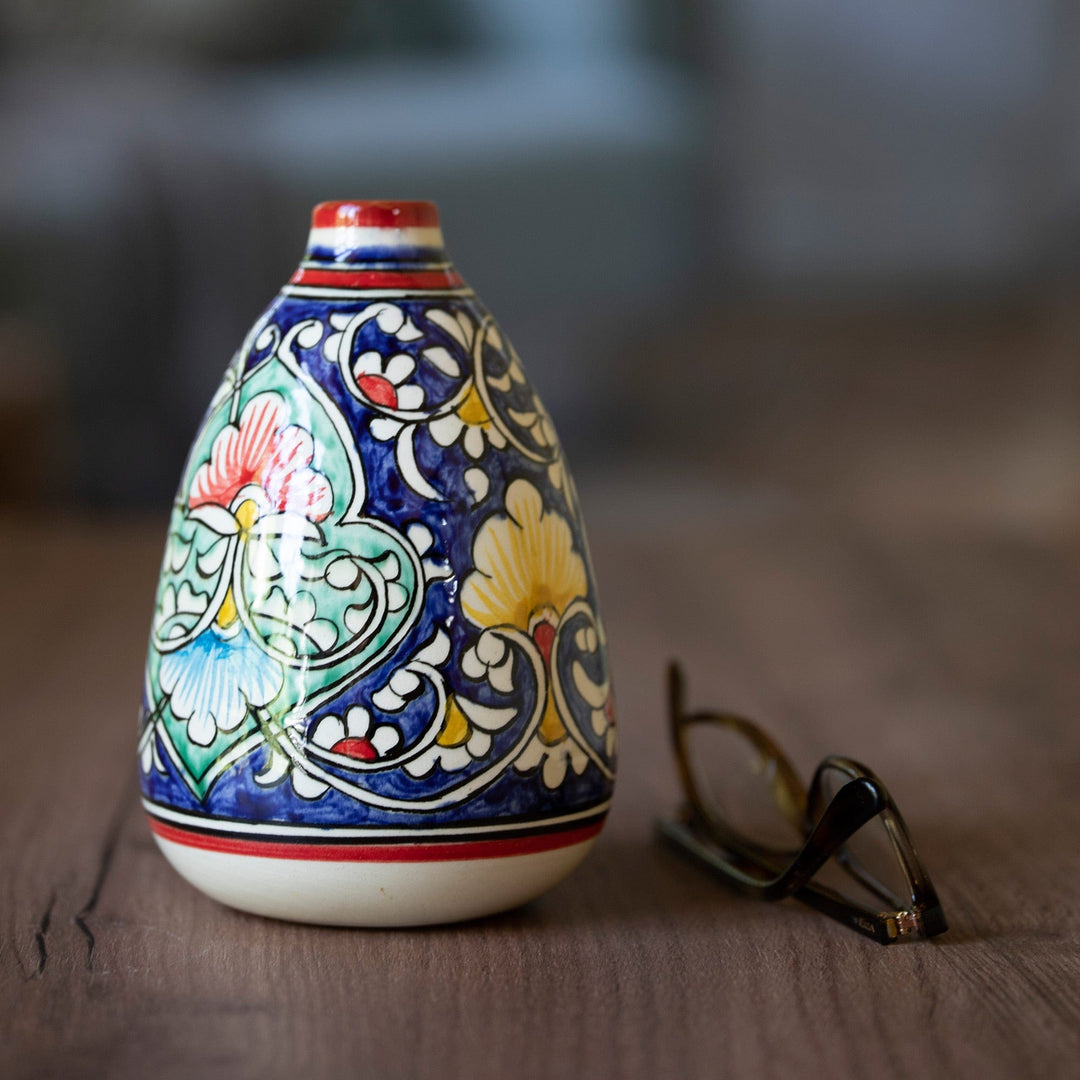 Glazed Ceramic Vase with Hand-Painted Floral & Leaf Motifs - Fergana Flowers