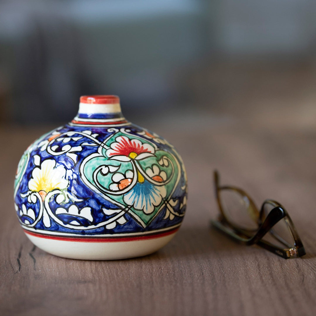 Colorful Glazed Ceramic Vase with Hand-Painted Floral Motifs - Rishtan Orb
