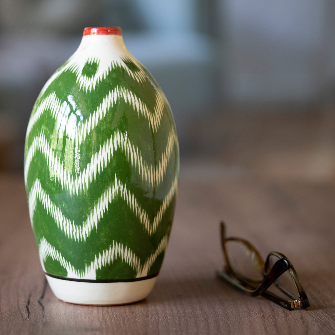 Hand-Painted Glazed Ceramic Vase with Uzbek Ikat Motif - Uzbek Ikat