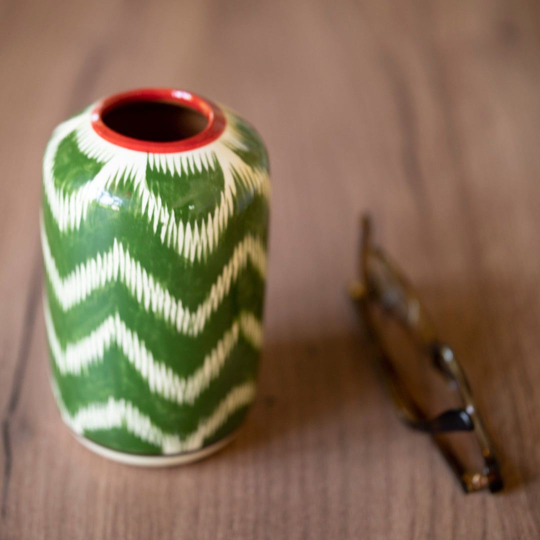 Uzbek Ikat-Themed Hand-Painted Glazed Ceramic Vase in Green - Uzbek Green Ikat