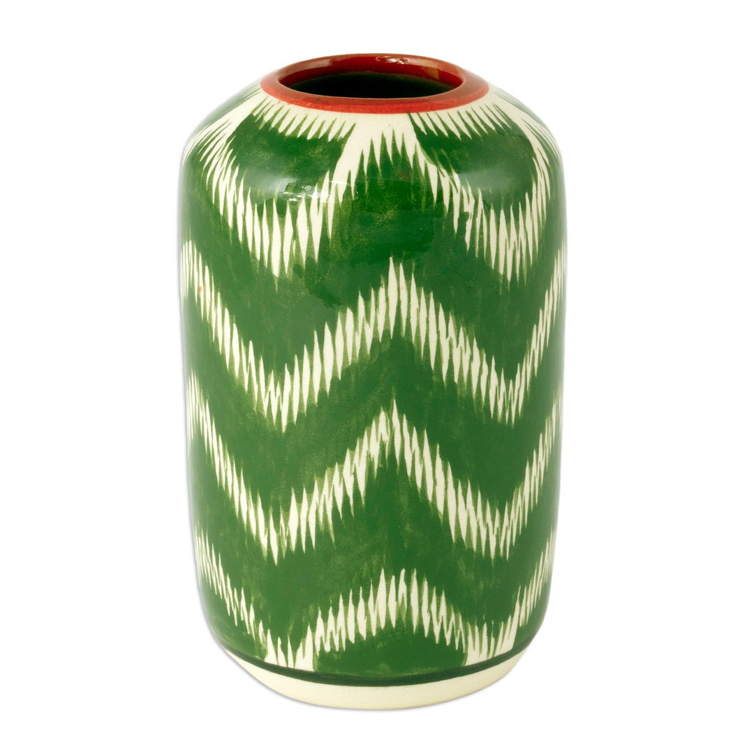 Uzbek Ikat-Themed Hand-Painted Glazed Ceramic Vase in Green - Uzbek Green Ikat