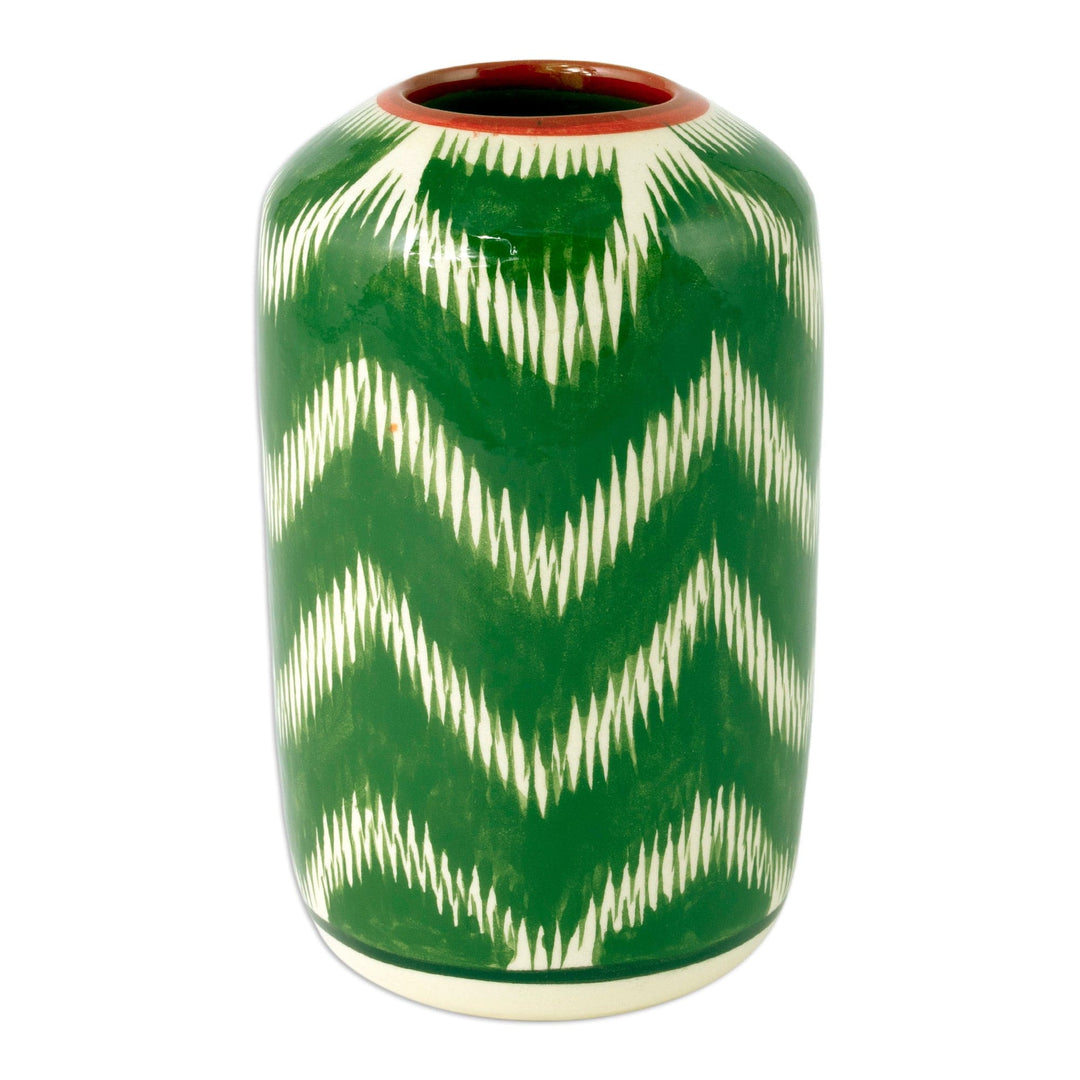 Uzbek Ikat-Themed Hand-Painted Glazed Ceramic Vase in Green - Uzbek Green Ikat