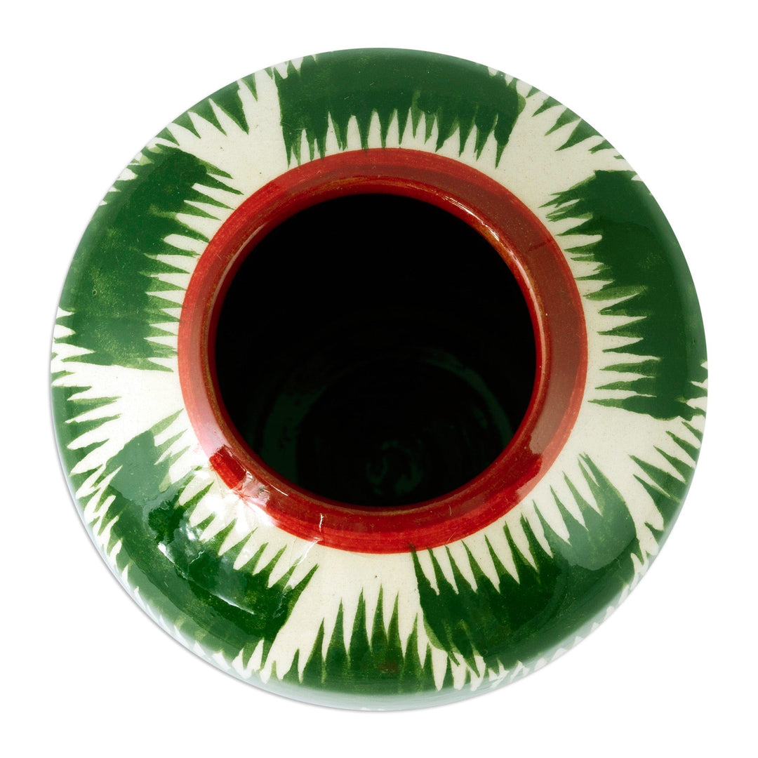 Uzbek Ikat-Themed Hand-Painted Glazed Ceramic Vase in Green - Uzbek Green Ikat