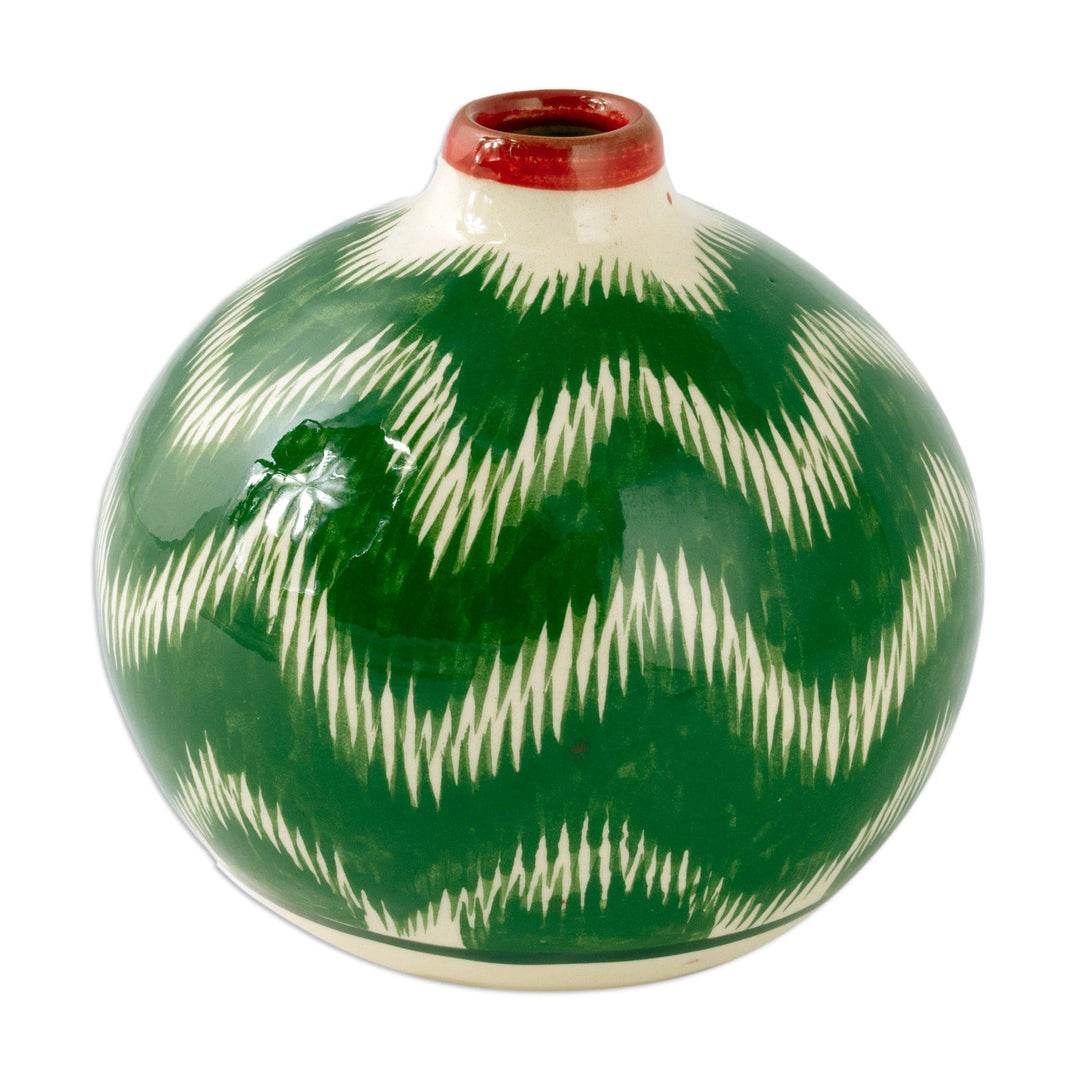 Green Hand-Painted Uzbek Ikat Patterned Glazed Ceramic Vase - Uzbek Ikat Style