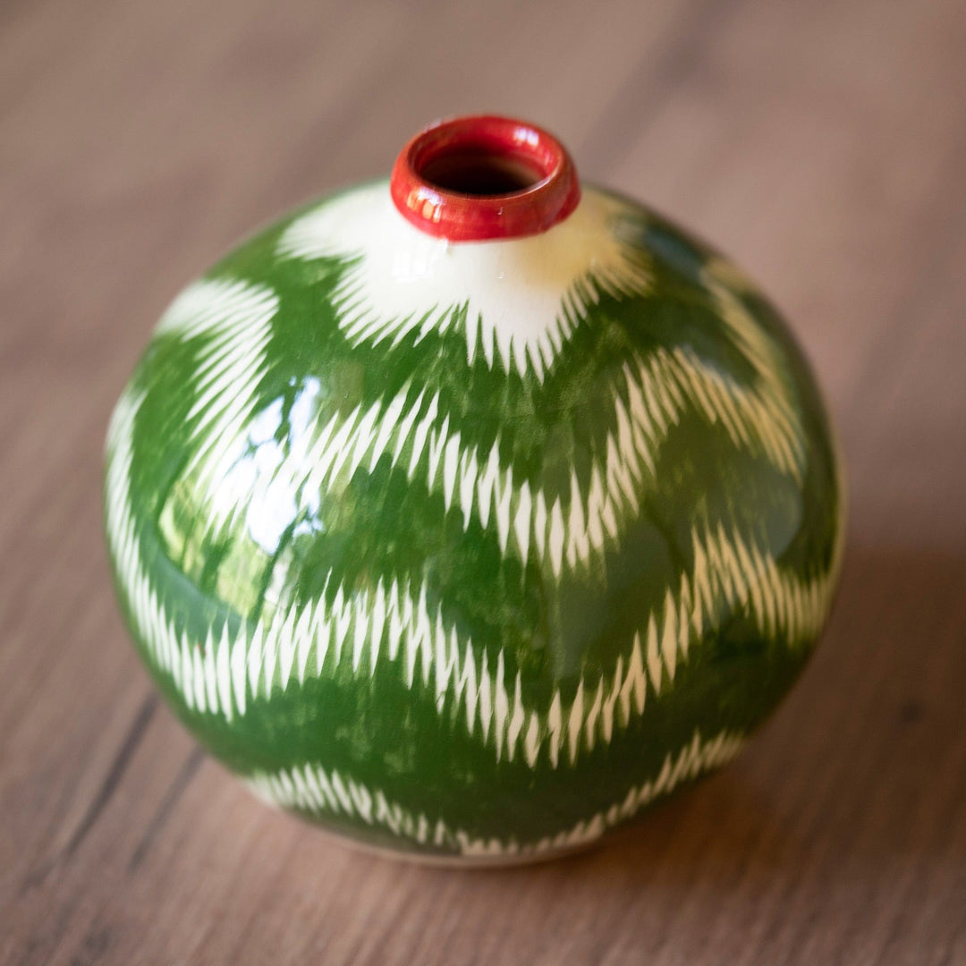 Green Hand-Painted Uzbek Ikat Patterned Glazed Ceramic Vase - Uzbek Ikat Style