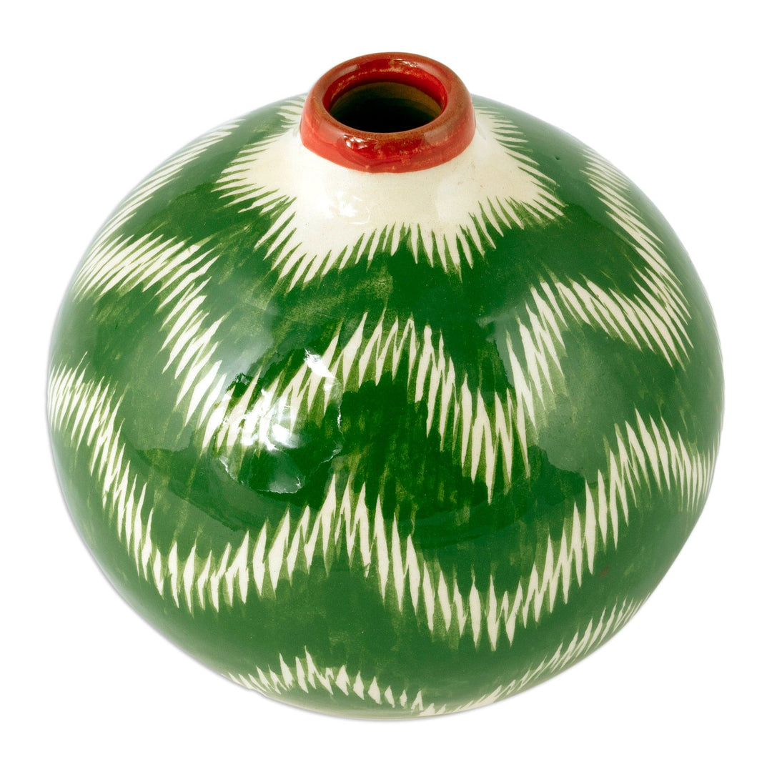 Green Hand-Painted Uzbek Ikat Patterned Glazed Ceramic Vase - Uzbek Ikat Style