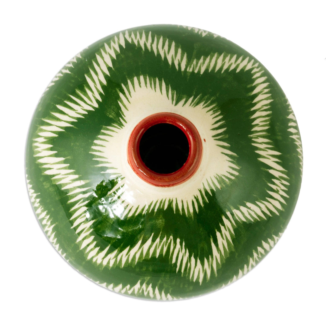 Green Hand-Painted Uzbek Ikat Patterned Glazed Ceramic Vase - Uzbek Ikat Style