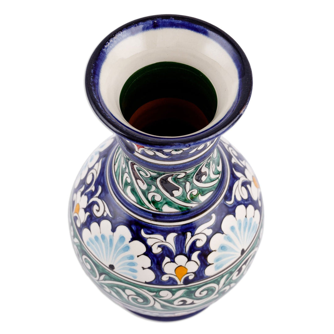 Floral Blue and Green Glazed Ceramic Center-Choke Vase - Blue Empyrean