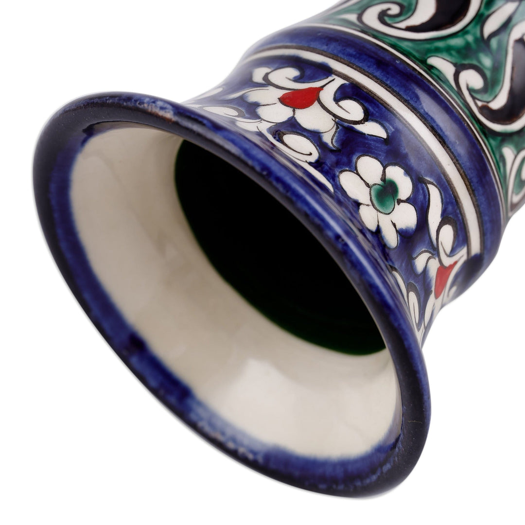 Floral Blue and Green Glazed Ceramic Center-Choke Vase - Blue Empyrean