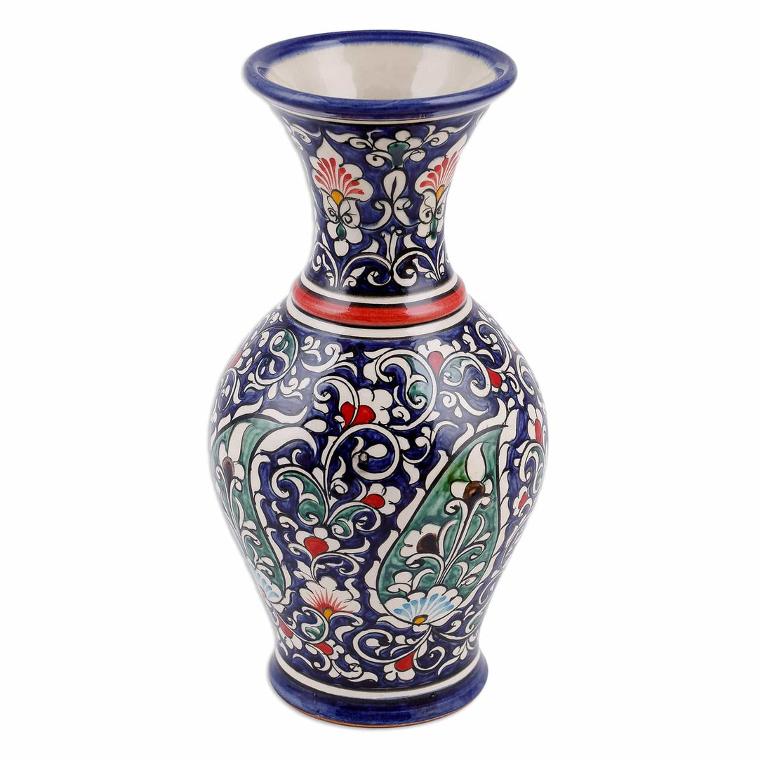 Paisley and Floral Royal Blue and Red Glazed Ceramic Vase - Red Desires