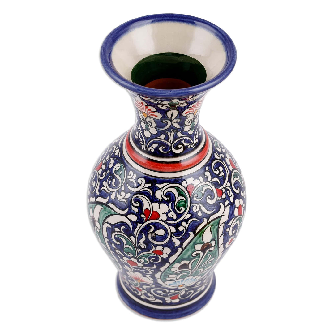 Paisley and Floral Royal Blue and Red Glazed Ceramic Vase - Red Desires