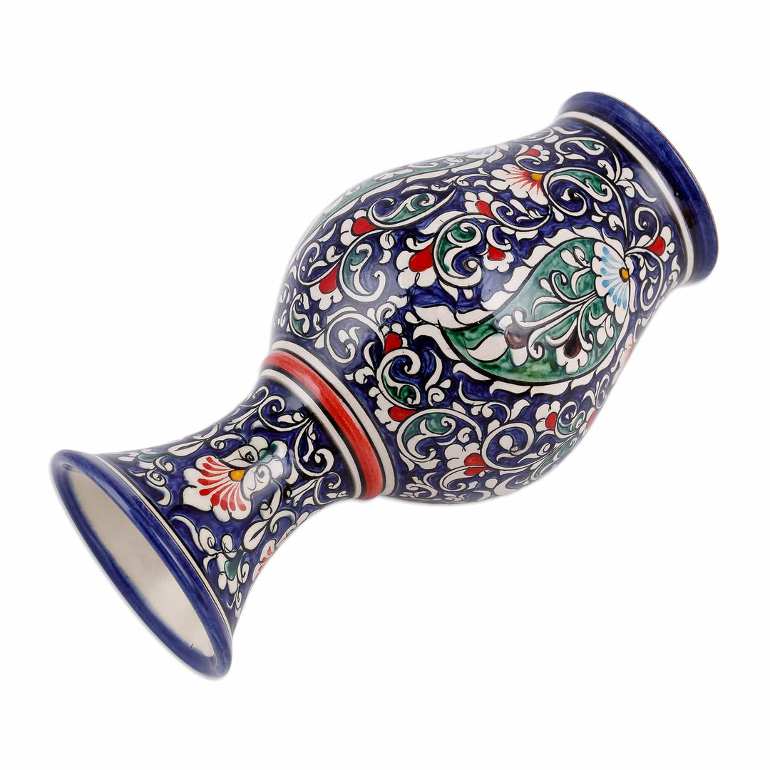 Paisley and Floral Royal Blue and Red Glazed Ceramic Vase - Red Desires