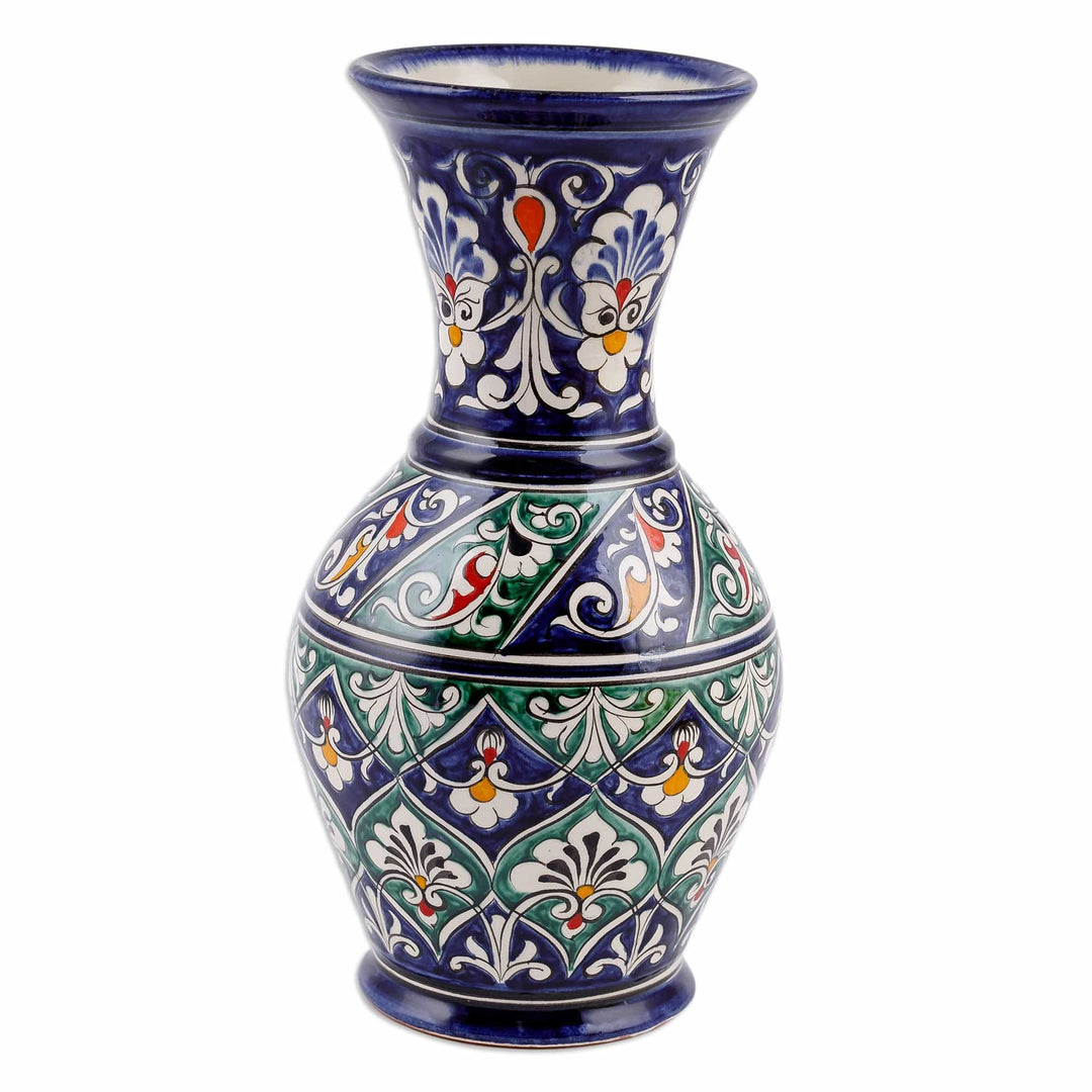 Floral Painted Blue and Green Glazed Ceramic Bud Vase - Blue Manor