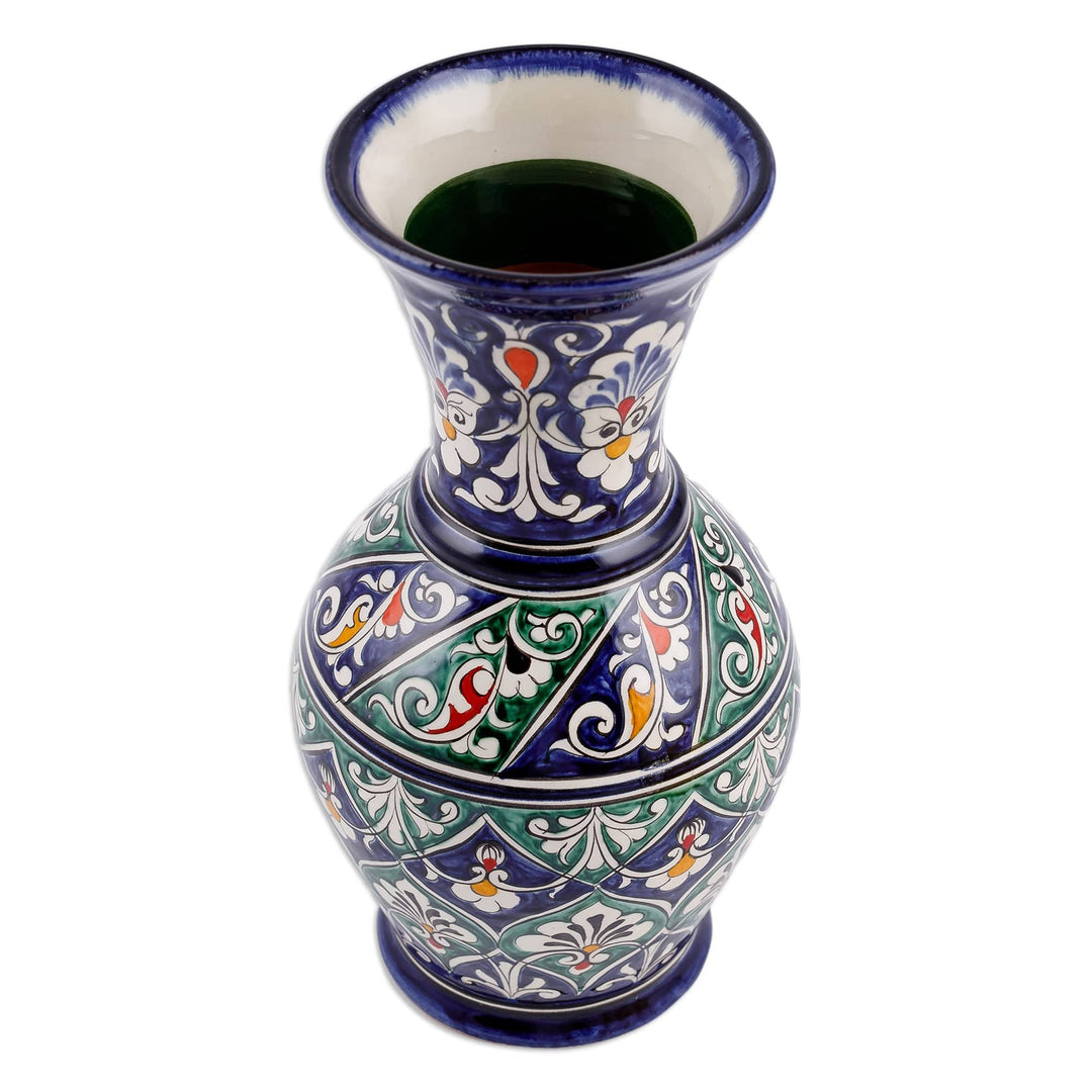 Floral Painted Blue and Green Glazed Ceramic Bud Vase - Blue Manor