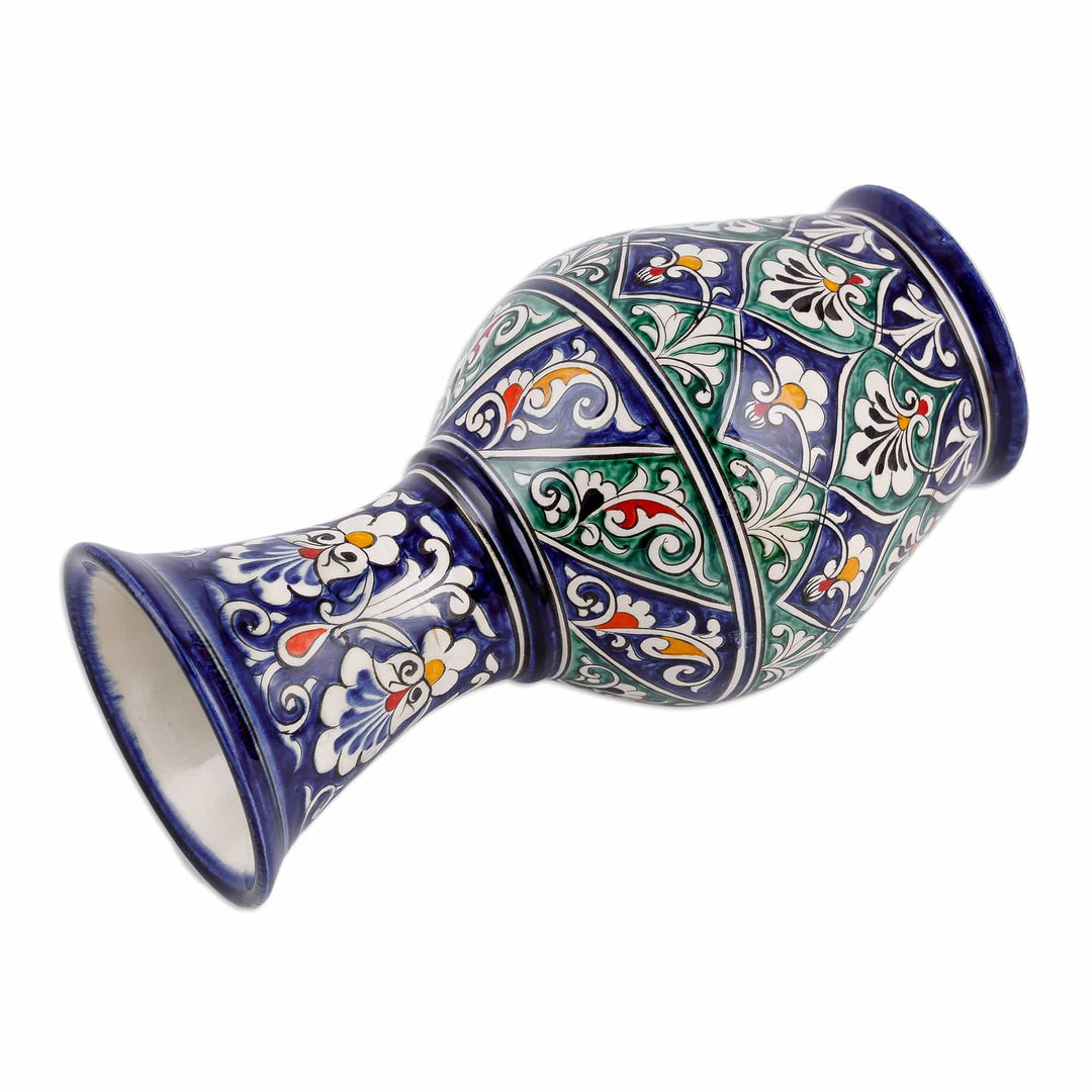 Floral Painted Blue and Green Glazed Ceramic Bud Vase - Blue Manor