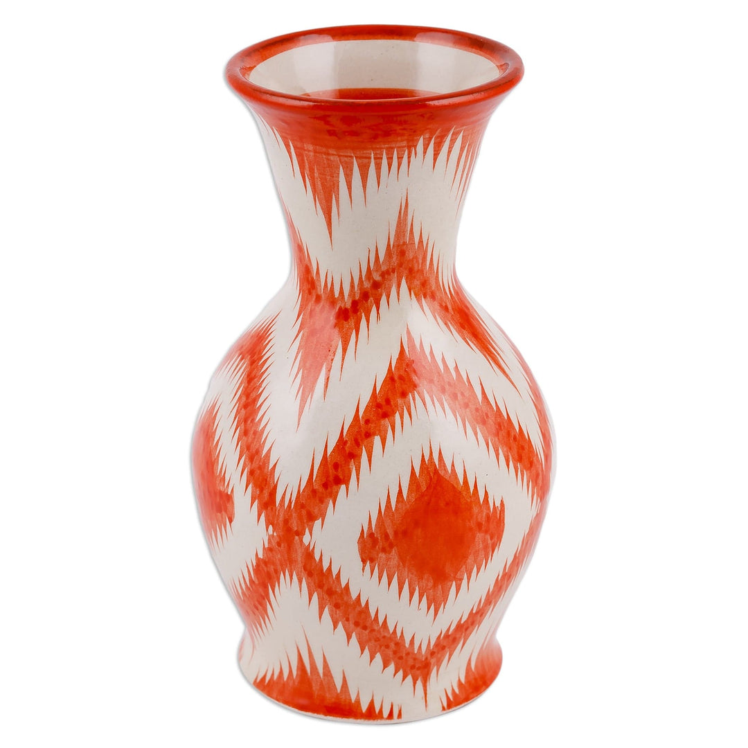 Orange and White Ikat-Patterned Glazed Ceramic Vase - Ambitious Areas