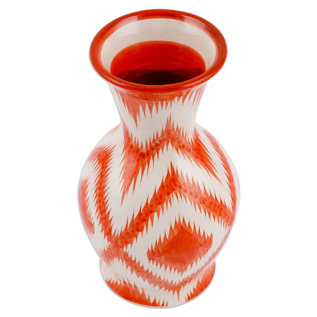 Orange and White Ikat-Patterned Glazed Ceramic Vase - Ambitious Areas
