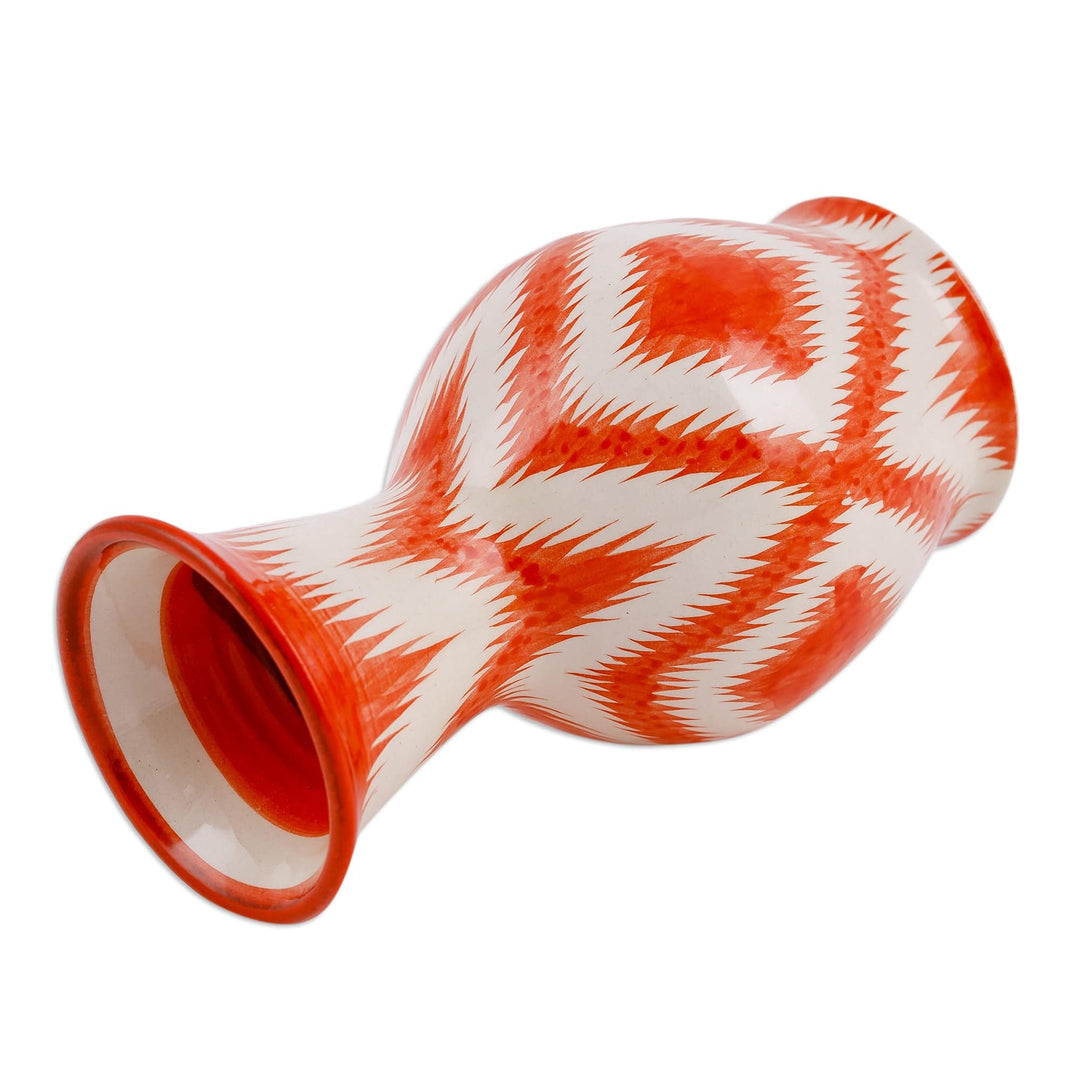 Orange and White Ikat-Patterned Glazed Ceramic Vase - Ambitious Areas