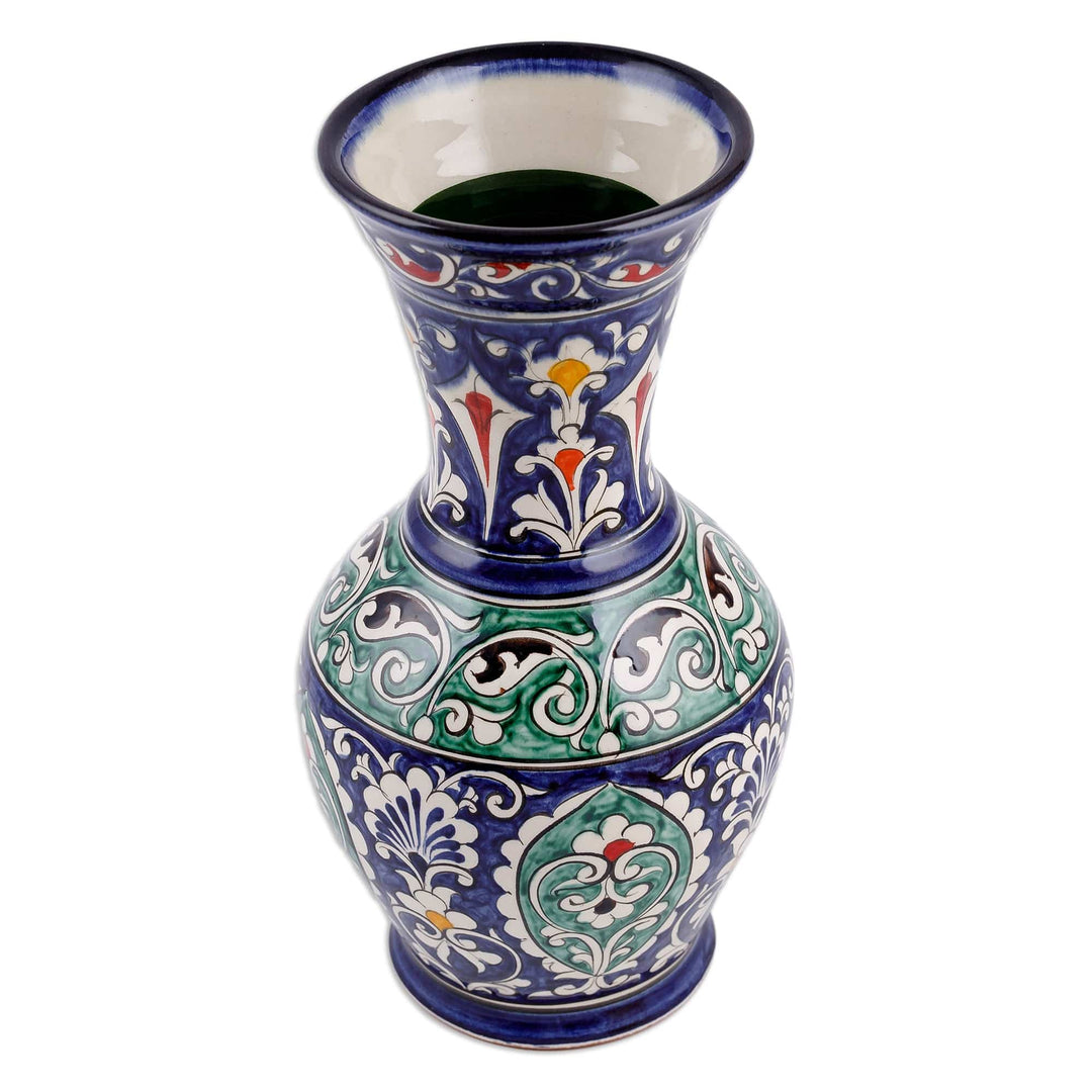 Classic Floral Painted Blue and Green Glazed Ceramic Vase - Blue Suite