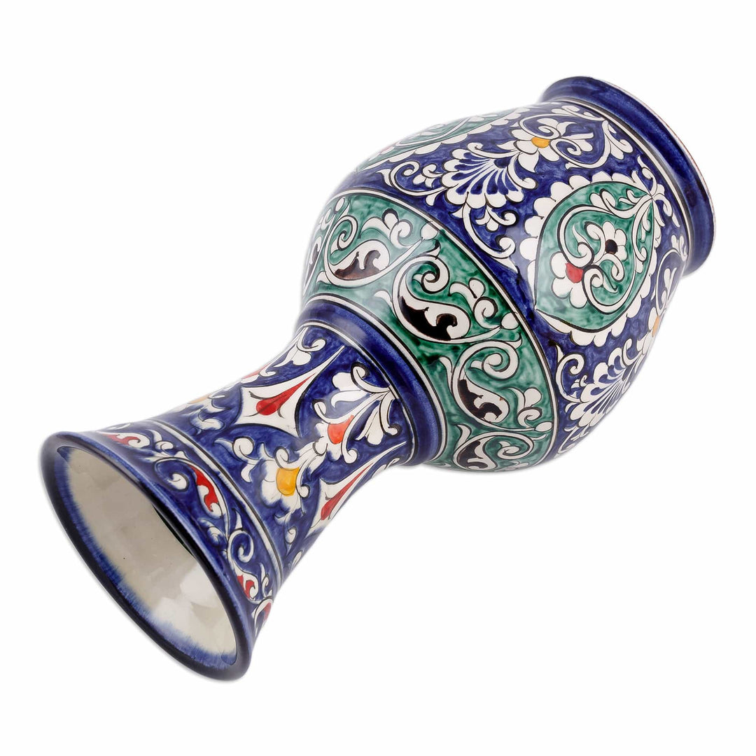 Classic Floral Painted Blue and Green Glazed Ceramic Vase - Blue Suite