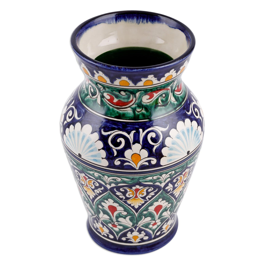 Uzbekistan Blue and Green Glazed Ceramic Bouquet Vase - Rishtan Heritage