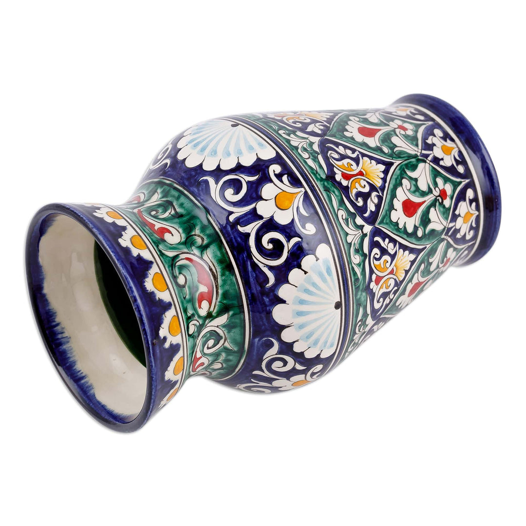 Uzbekistan Blue and Green Glazed Ceramic Bouquet Vase - Rishtan Heritage