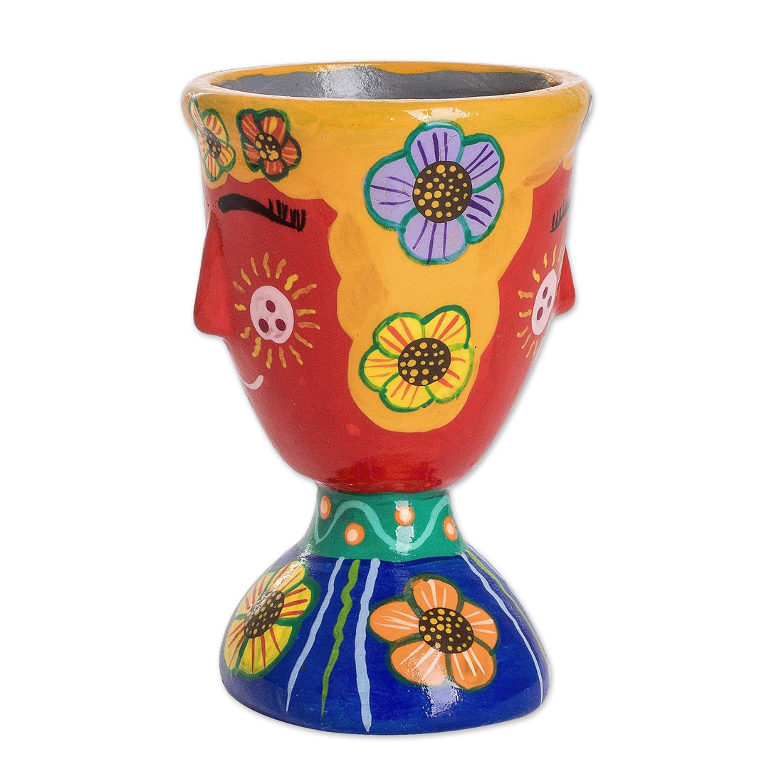 Whimsical Hand-Painted Red and Blue Ceramic Flower Pot - Vivacious Nature