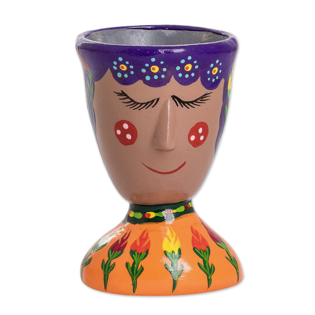 Whimsical Hand-Painted Purple and Orange Ceramic Flower Pot - Joyful Nature