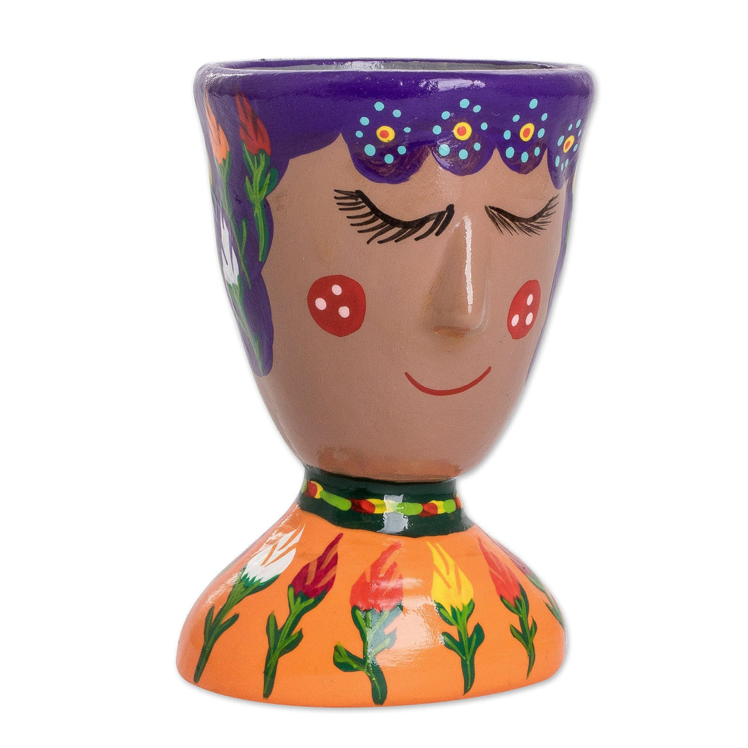 Whimsical Hand-Painted Purple and Orange Ceramic Flower Pot - Joyful Nature