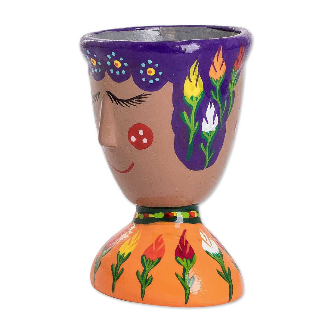 Whimsical Hand-Painted Purple and Orange Ceramic Flower Pot - Joyful Nature