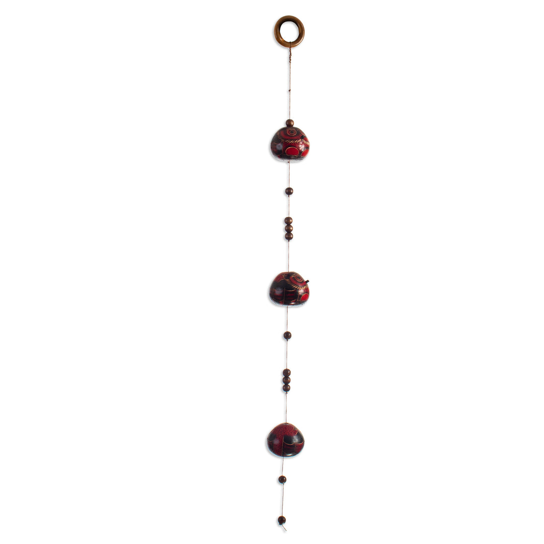 Hand-Carved Owl-Themed Dried Calabash Gourd Mobile in Red - Red and Wise Winds