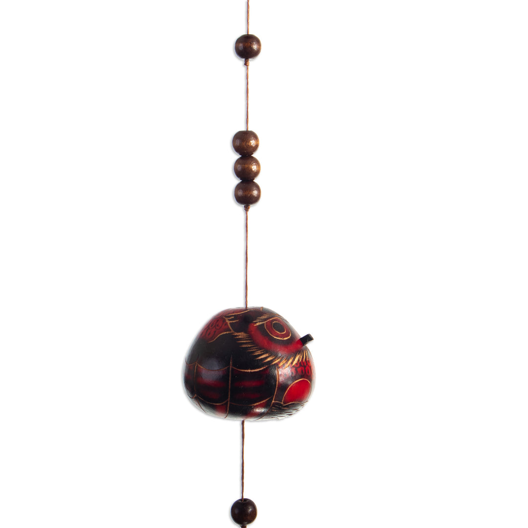 Hand-Carved Owl-Themed Dried Calabash Gourd Mobile in Red - Red and Wise Winds