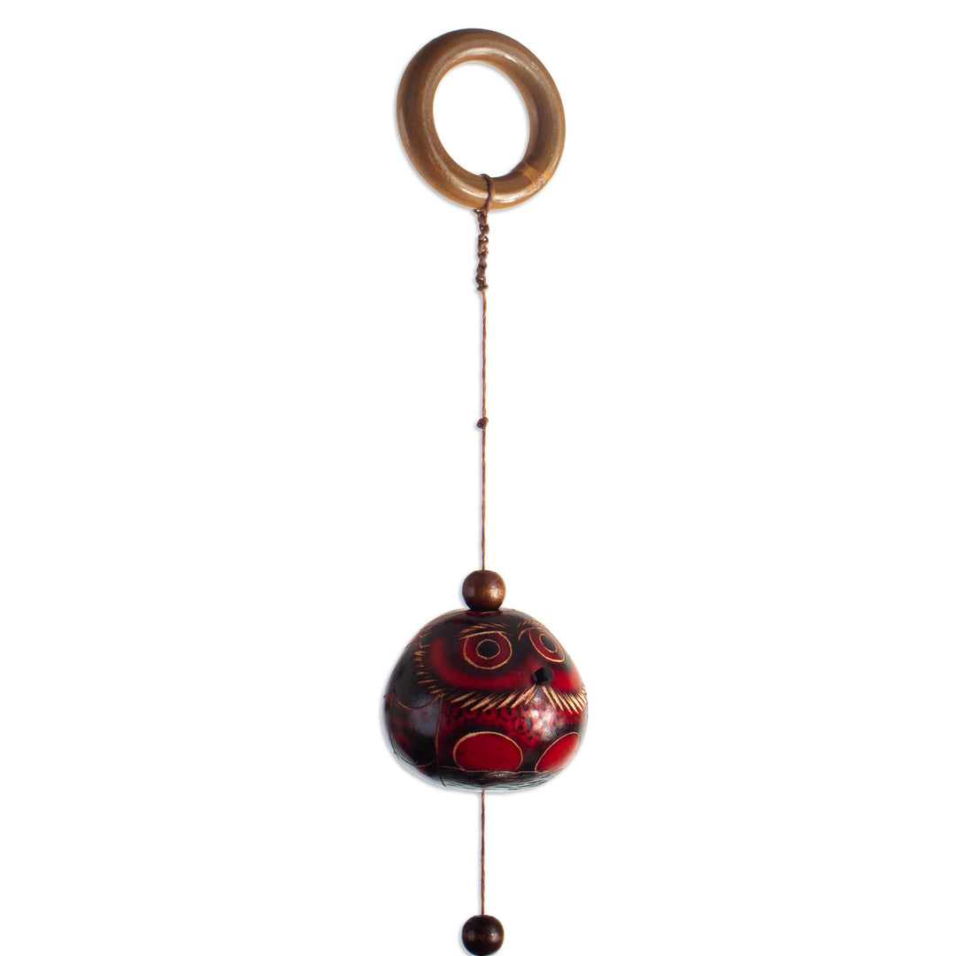 Hand-Carved Owl-Themed Dried Calabash Gourd Mobile in Red - Red and Wise Winds