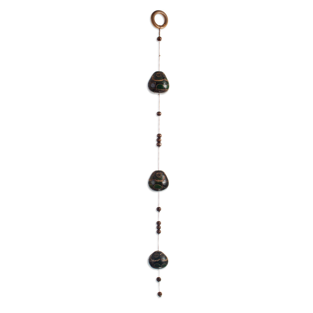 Hand-Carved Owl-Themed Dried Calabash Gourd Mobile in Green - Green and Wise Winds