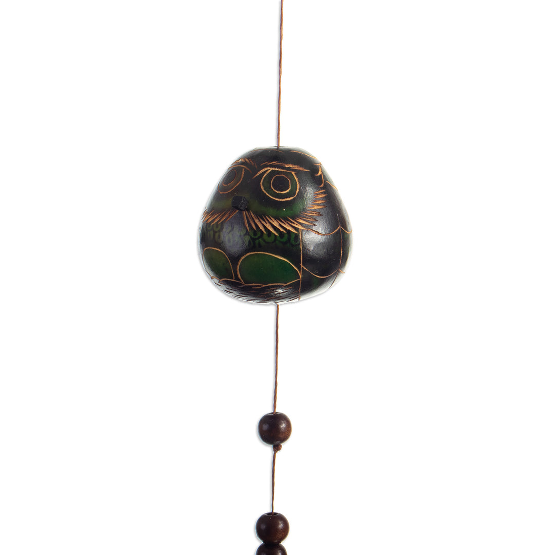 Hand-Carved Owl-Themed Dried Calabash Gourd Mobile in Green - Green and Wise Winds