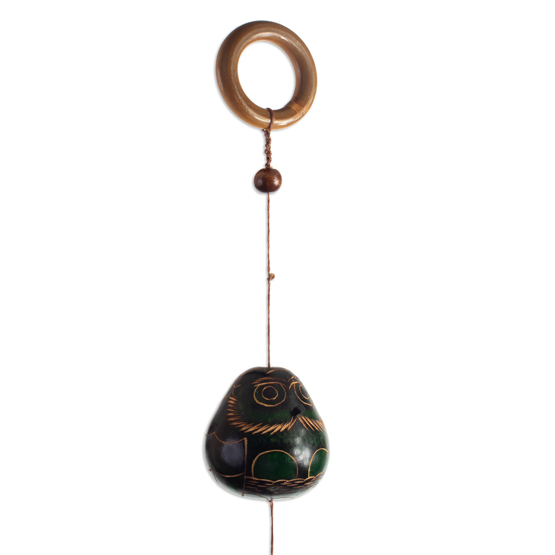 Hand-Carved Owl-Themed Dried Calabash Gourd Mobile in Green - Green and Wise Winds