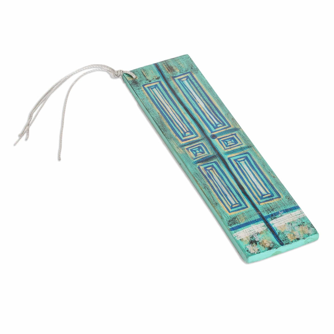 Hand-Painted Cedar Wood Antique Door Bookmark in Turquoise - Vintage Door in Teal