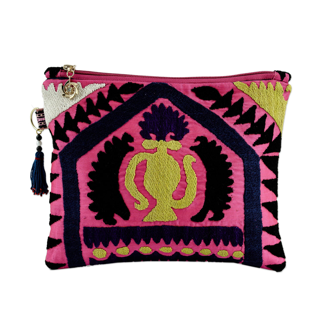 Uzbek Upcycled Travel Bag with Hand-Embroidered Teapot Motif - Yellow Teapot