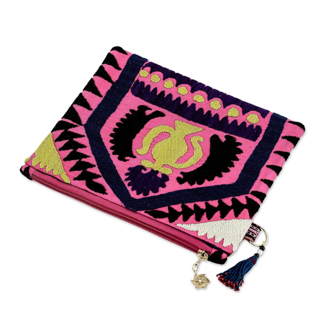 Uzbek Upcycled Travel Bag with Hand-Embroidered Teapot Motif - Yellow Teapot